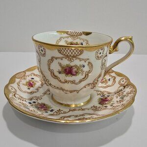 Royal Albert - Crown China Teacup & Saucer Blue & Pink Floral with Gold Detail​